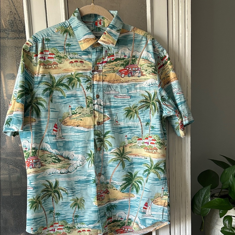 Saddlebred Light Blue Island Print Short-Sleeve Button-Down